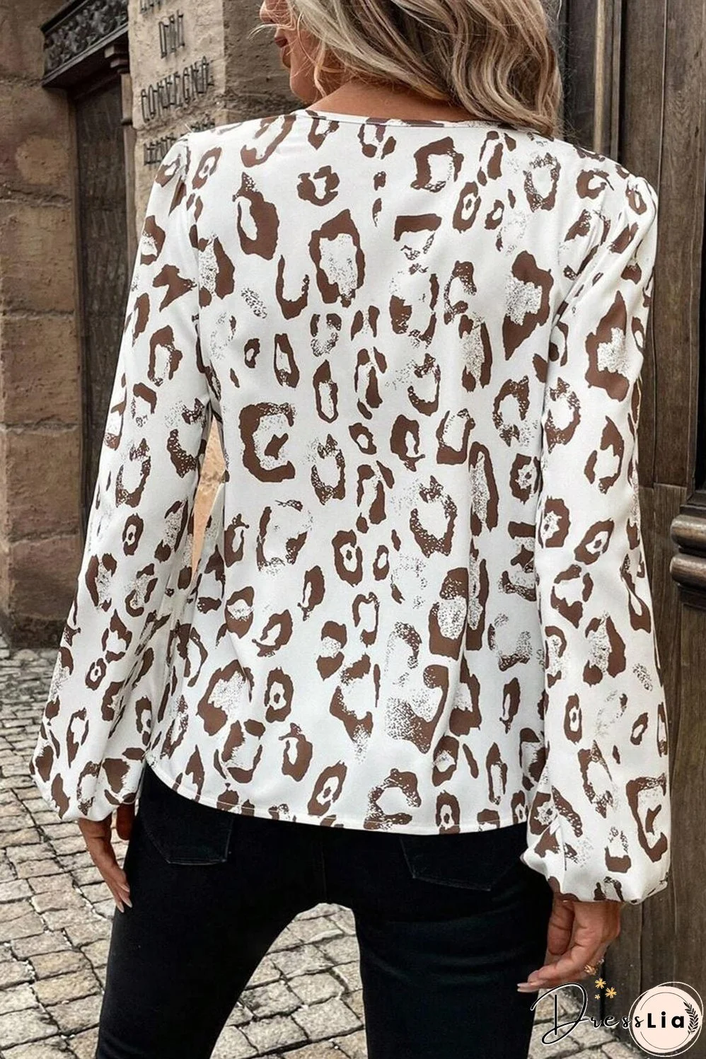 Khaki Leopard Print Split Neck Balloon Sleeve Blouse