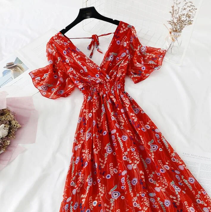 Summer Dress Vintage Floral Ruffles Women Print Short sleeve Chiffon Boho Dresses Mid-calf A-line Backless Sexy Dress Vestidos