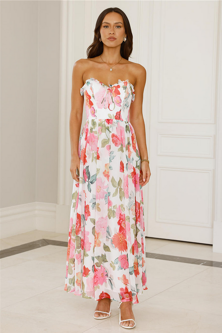 Strapless Floral Print Cinch Waist Maxi Dresses-White [Pre Order]