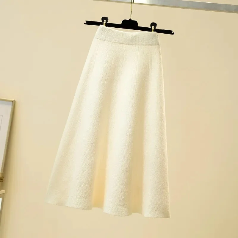 Ueong A-Line Winter Knitted Skirts Women Elastic Waist Long Midi Skirt Slim High Waist Casual Loose Knitwear Striped Warm M648