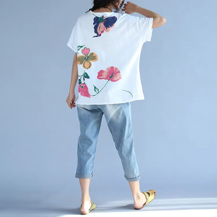Elegant short sleeve cotton clothes For Women Boho Fabrics white print box blouses