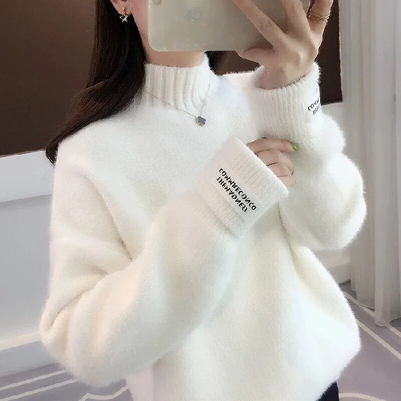 Zoki Women Half Turtleneck Sweater Autumn Loose Wool Pullover Knitted Jumper Long Sleeve Letter Top Casual Warm Ladies Blouse