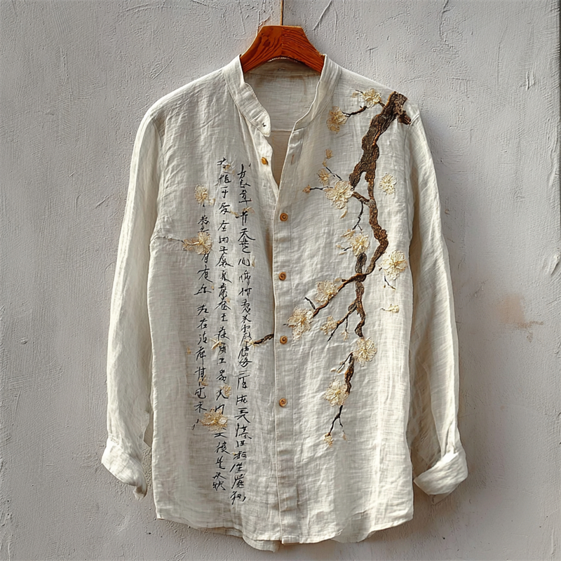 Japanese Plum Blossom Calligraphy Linen Shirt  artssus