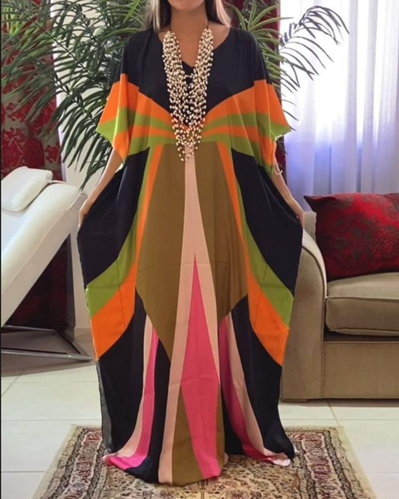 WOMEN'S ETHNIC STYLE PRINTED  CASUAL KAFTAN MAXI DRESS-030901