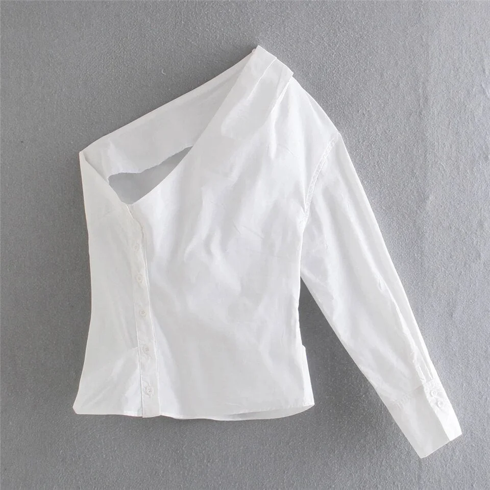 Asymmetric One Shoulder Blouses Shirts 2021 Summer Fashion Ladies Elegant Blusas Soft White Tops Vintage Blouse Shirt Women Chic