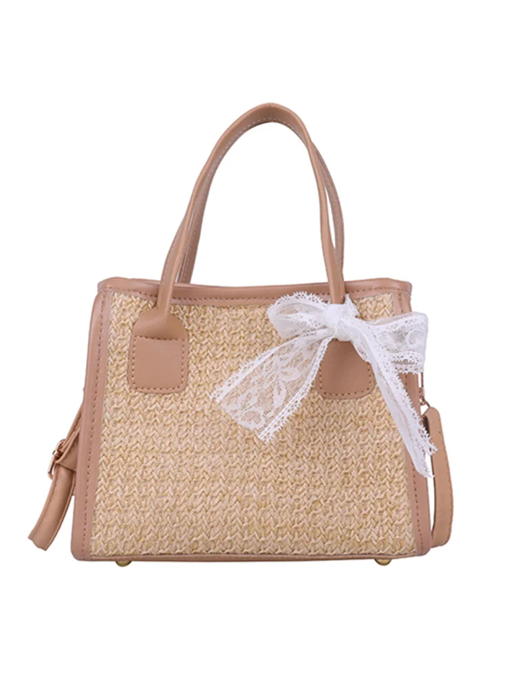 Beach Straw Shoulder Bag Summer PU Lace Splicing Crossbody Handbags (Khaki)