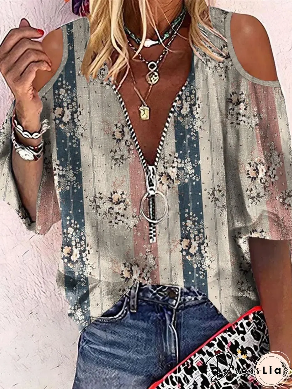 Casual Floral Three Quarter V Neck Plus Size Printed Tops