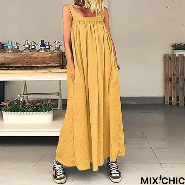 Women Sundress Sleeveless Bohemian Pleated Party Maxi Casual Beach Dress Linen