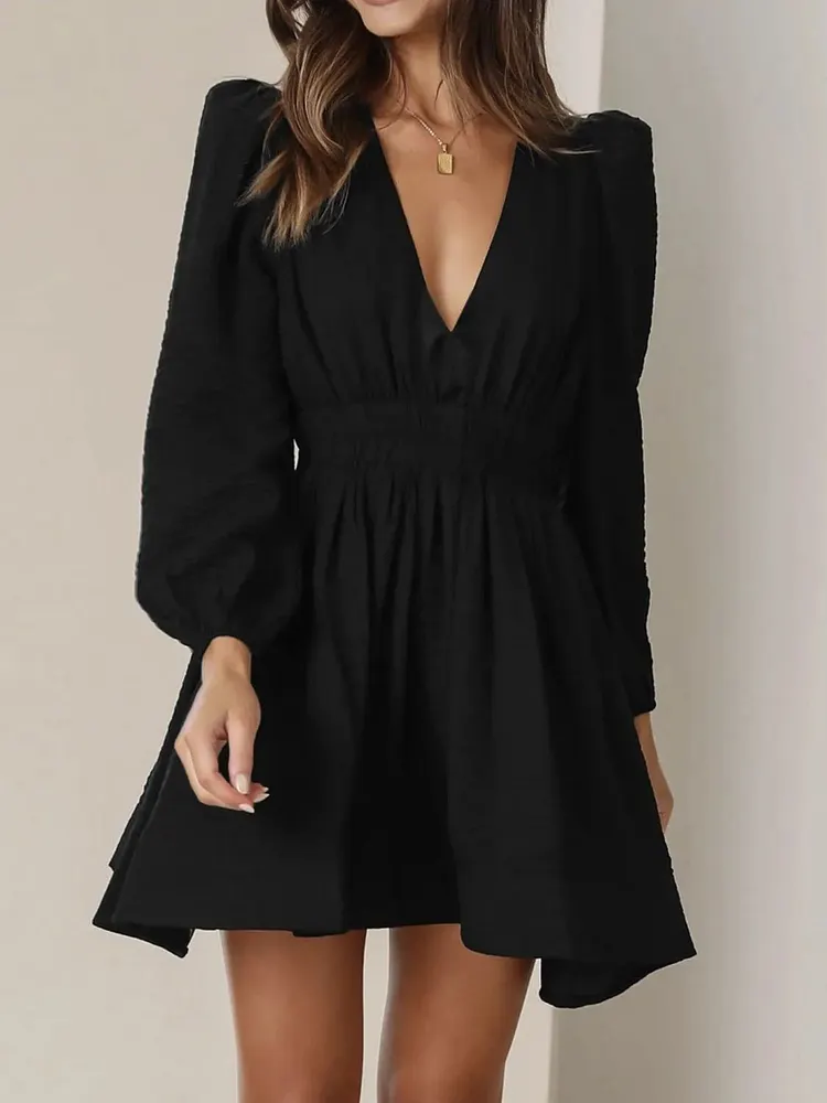 Ruched V-Neck Balloon Sleeve Mini Dress