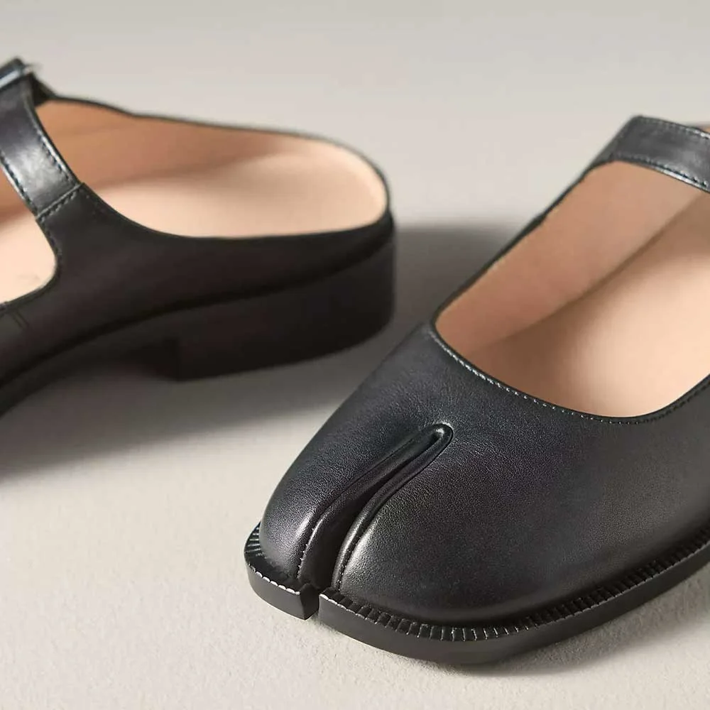 Women's Black Closed Split Toe Buckle Strap Slip On Flat Mules