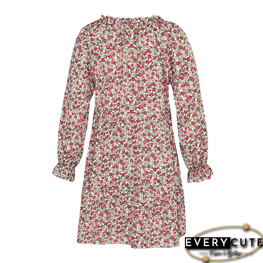 Pink Floral Print Lace-up Long Sleeve Dress