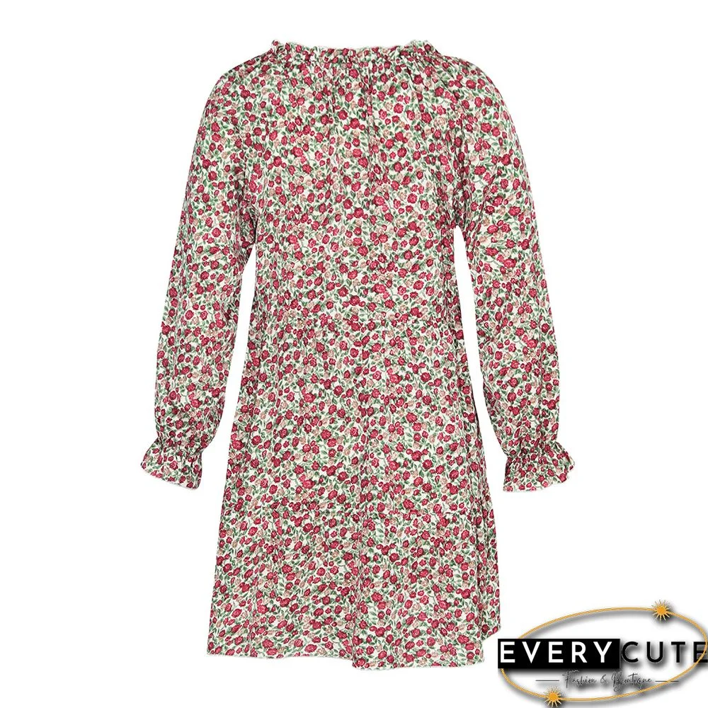 Pink Floral Print Lace-up Long Sleeve Dress