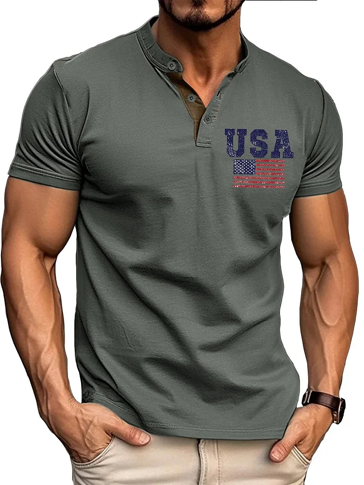 Men's American Flag Print Patchwork Short Sleeve Henley
