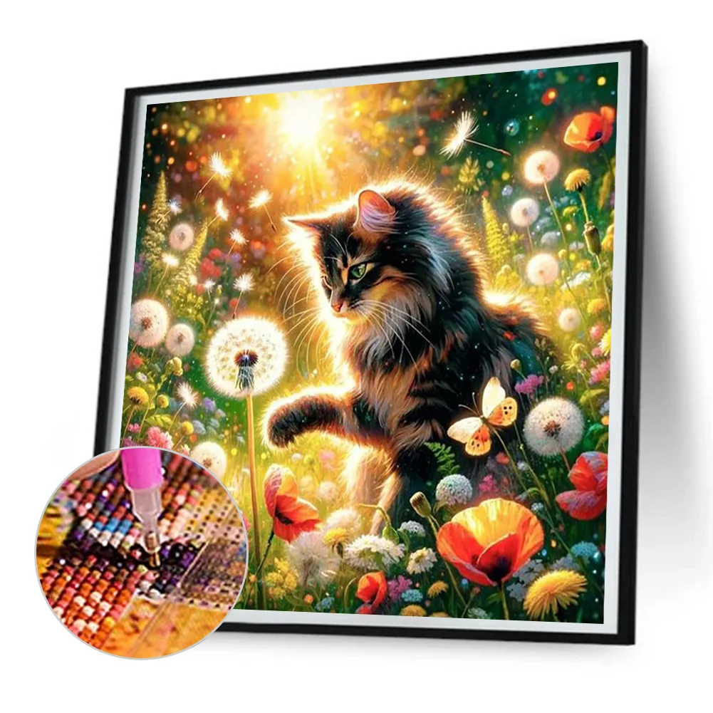 Full Round Diamond Painting 30*30cm - Dandelion And Cat