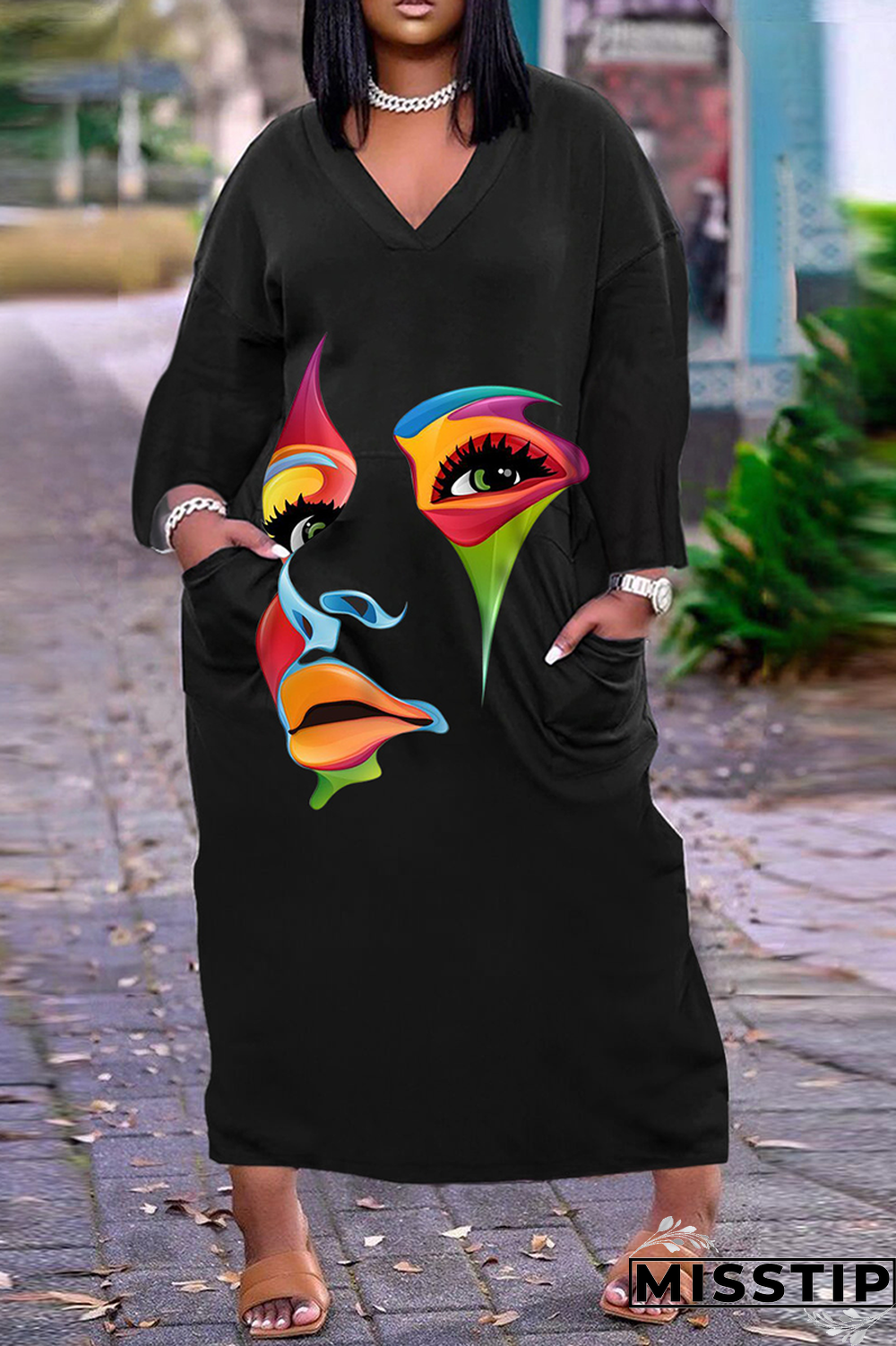 Blue Casual Print Patchwork V Neck Straight Dresses