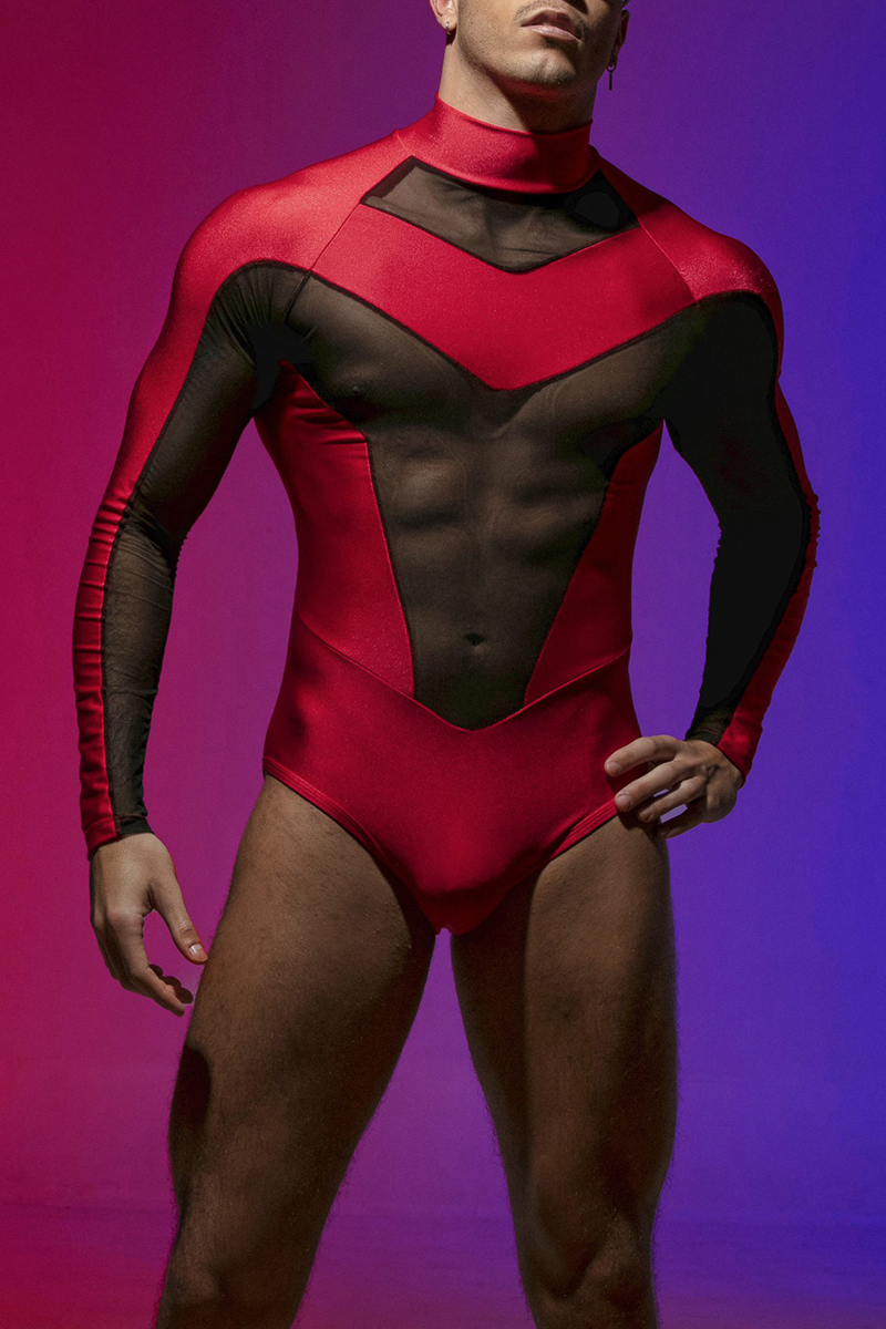 Ciciful Valentine's Day See Through Mesh Patchwork Red Stretchy Bodysuit