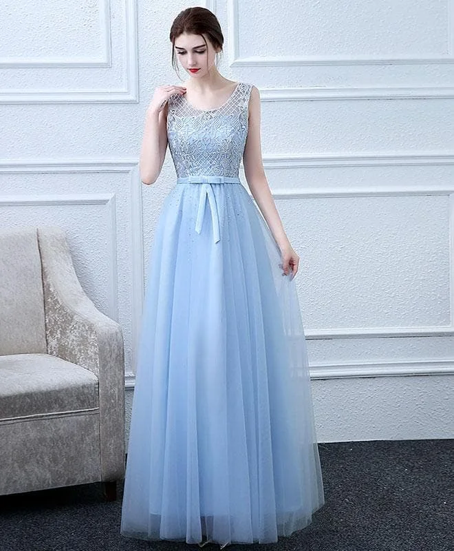 Sky Blue Tulle Lace Long Prom Dress, Lace Evening Dress