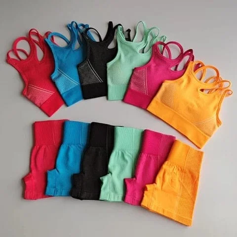 Pornhint Seamless Yoga Set 2 Pcs Sports Suit Female Workout Clothes Sports Bra+High Waist Gym Shorts Running Women Sportwear