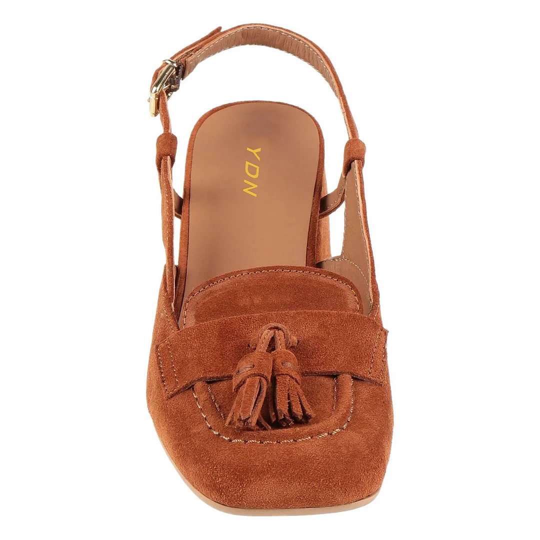 Women's Brown Square Toe Tassel Low Heel Pumps with Slingback