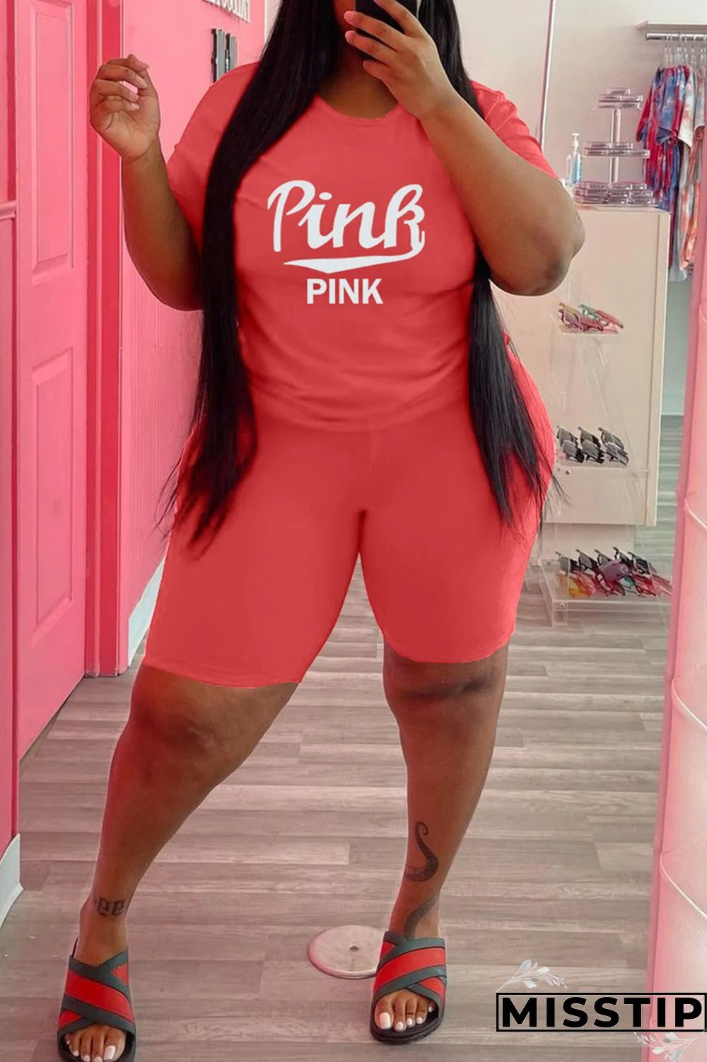 Army Green Fashion Casual Letter Print Patchwork O Neck Plus Size Two Pieces