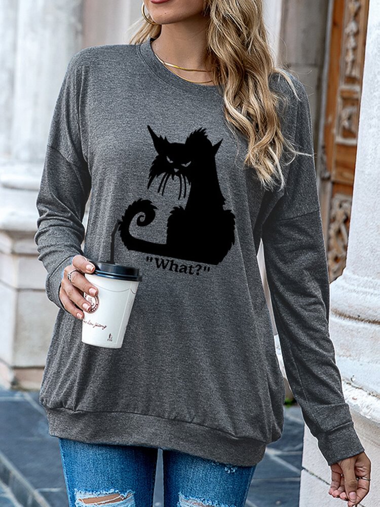 Cartoon Cat Printed O neck Long Sleeve Pocket T shirt P1785933