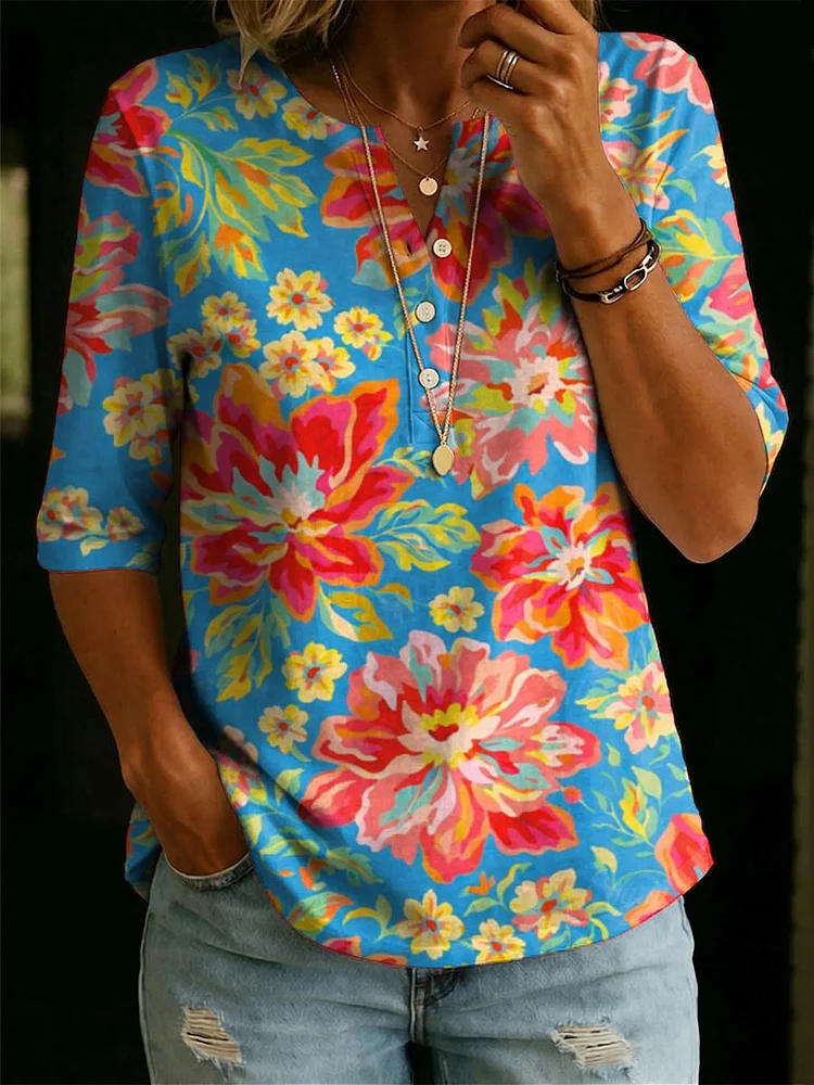 Women&rsquo;s Floral Pattern Art Casual Classic Henley Collar 100% Cotton T-shirt