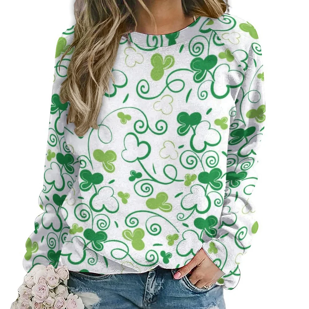 Printed Long Sleeve Casual Sweatshirt for  Women and Men Unisex Pattern St. Patrick's Day, Green, Clover, Lucky