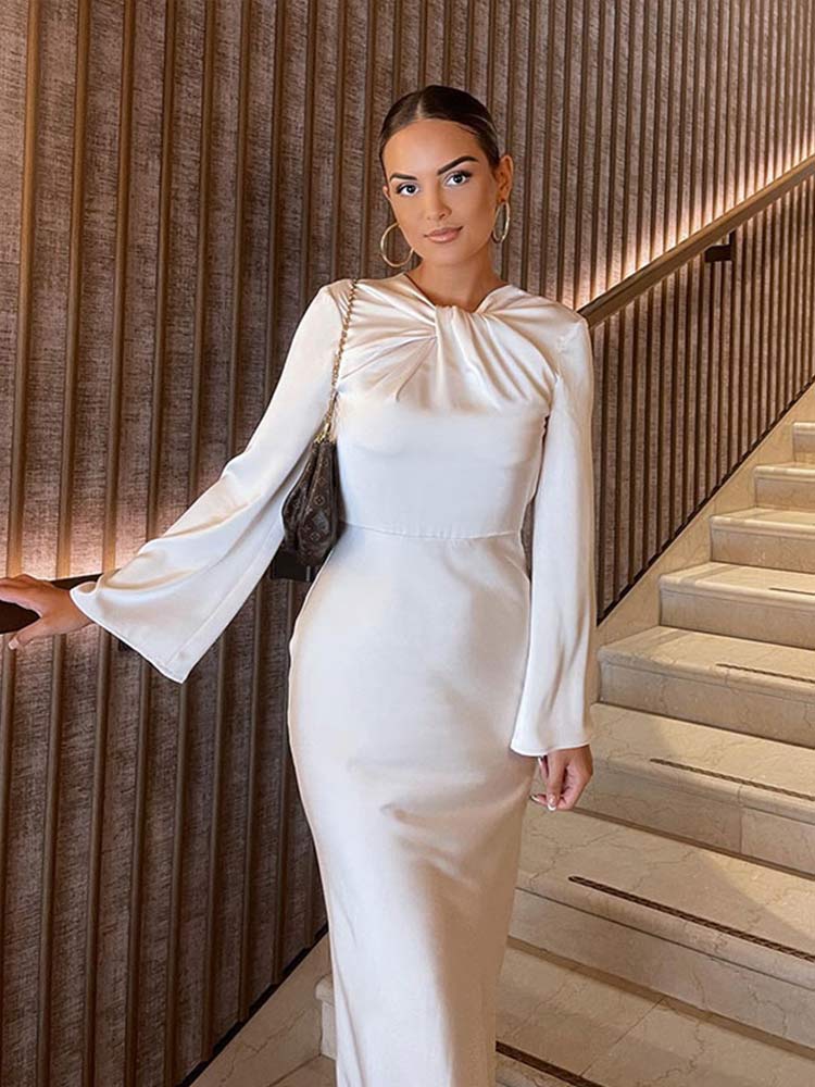 Llyge Women Cut Out Backless Knot Satin Maxi Dress Female Elegant Flare Long Sleeve Autumn Long Dresses Lady Party Streetwear Dress llyge