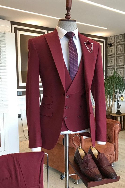 Modern Dark Red Three Pieces Groom And Groomsman Suit With Peaked Lapel | Ballbellas Ballbellas