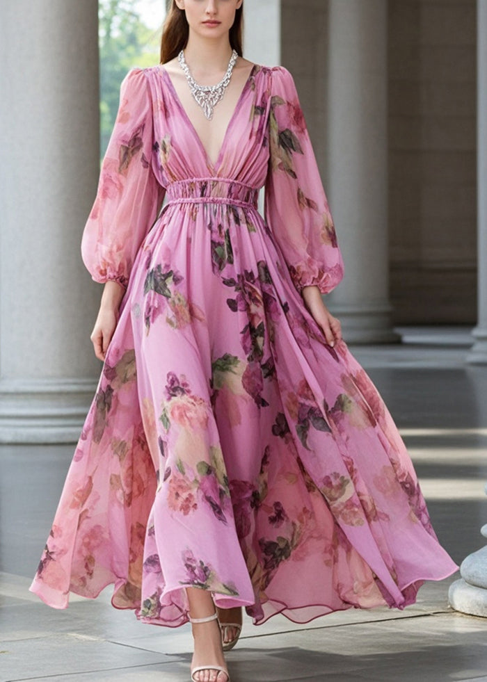 VCSHOES Pink V Neck Cinched Print Chiffon Party Dresses Fall