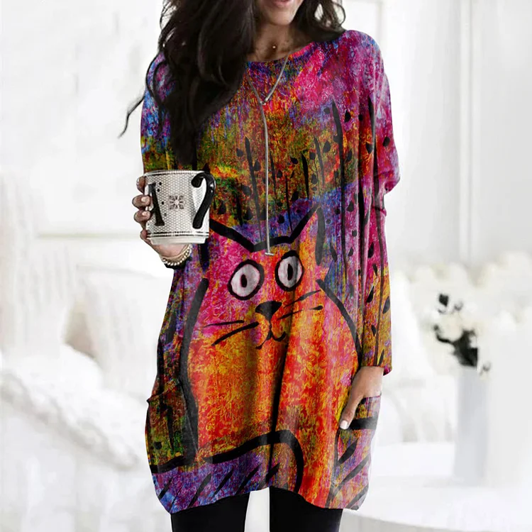 Vefave Vefave Vefave Retro Abstract Cat Print Tunic