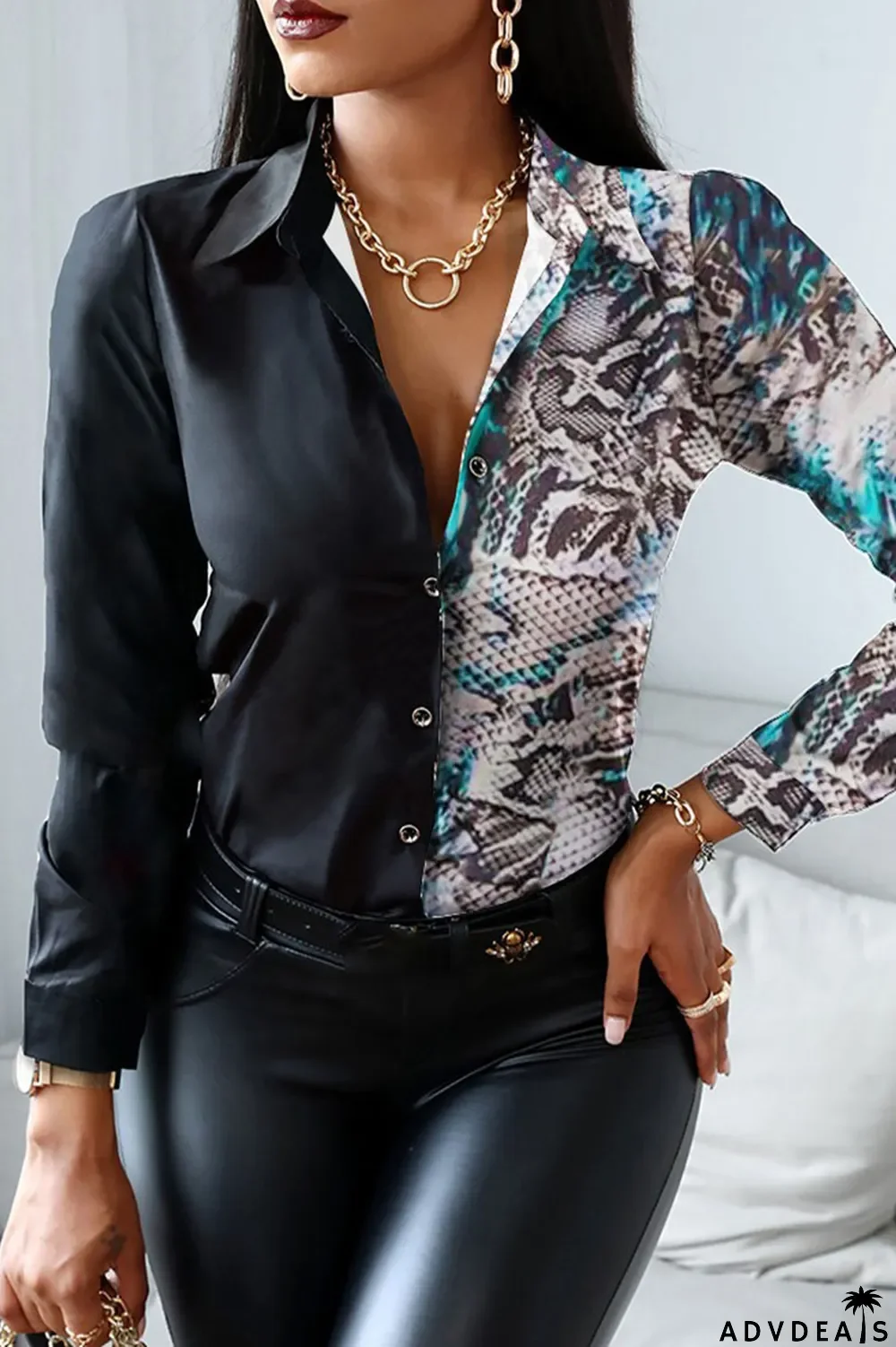 Red Black Casual Print Patchwork Buckle Turndown Collar Tops