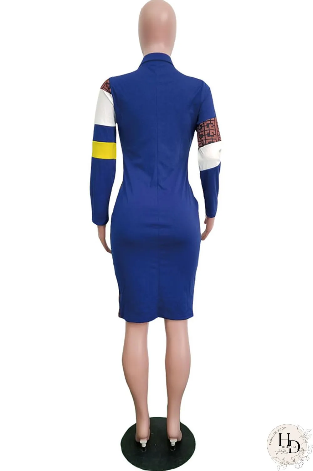 Black Sexy Fashion Cap Sleeve Long Sleeves Turndown Collar Step Skirt Knee-Length chain Patchwork Print C