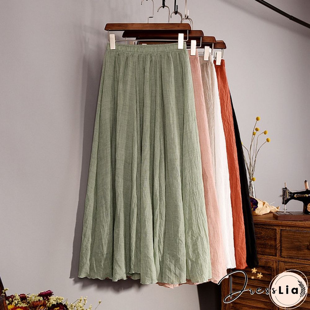 Women Cotton Linen Pleated Maxi Skirt Elastic Waist Vintage Solid Color Boho Beach Spring Summer Pleated Maxi Skirt