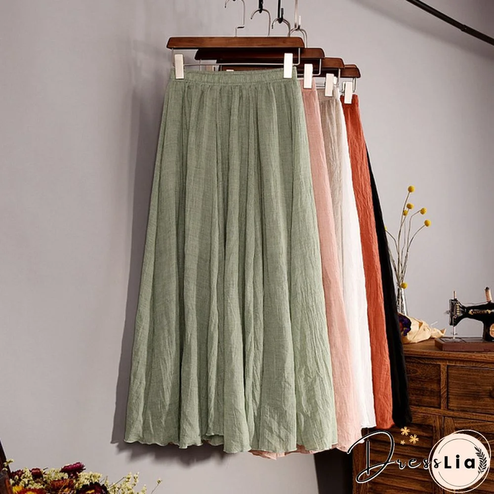 Women Cotton Linen Pleated Maxi Skirt Elastic Waist Vintage Solid Color Boho Beach Spring Summer Pleated Maxi Skirt