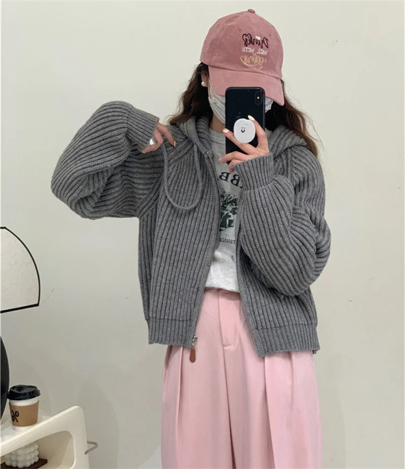 Churchf Version Lazy Wind Pit Zipper Hooded Cardigan Female Fashion Short Gentle Wind Soft Waxy Sweater Coat Female