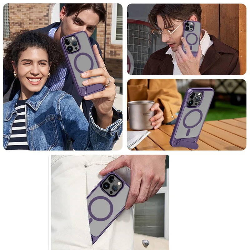 Suitable for iPhone 15 metallic paint matte magnetic invisible oblique holder mobile phone case