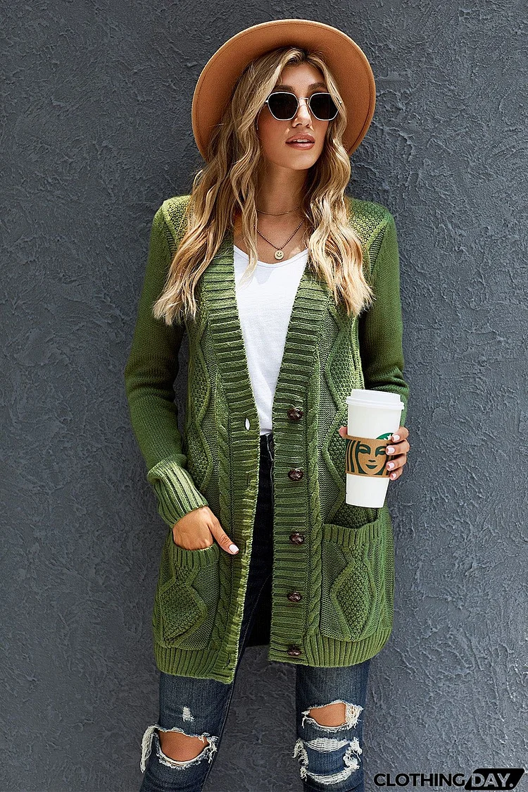 Green Front Pocket and Buttons Closure Cardigan