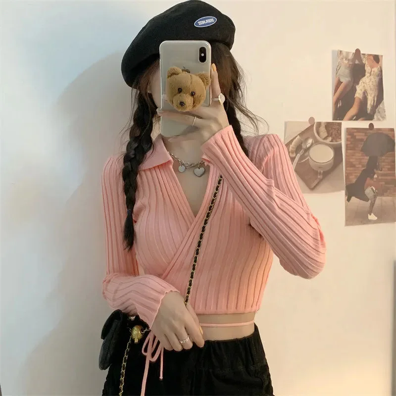 Uveng Uveng Strapped Sweater Cardigan Woman Spring 2023 New Hot Girl Exposed Umbilly Knitted Blouse Outside Tide