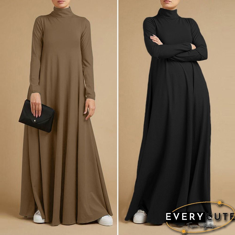 Women Autumn Elegant Plain Kaftan Long Shirt Dress Turtleneck Loose Full Sleeve Midi Dress Plus