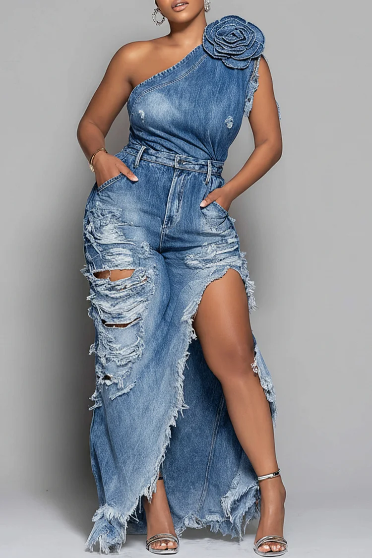 Xpluswear Design Plus Size Party Blue One Shoulder 3D Distressed Denim Maxi Dresses [Pre-Order]