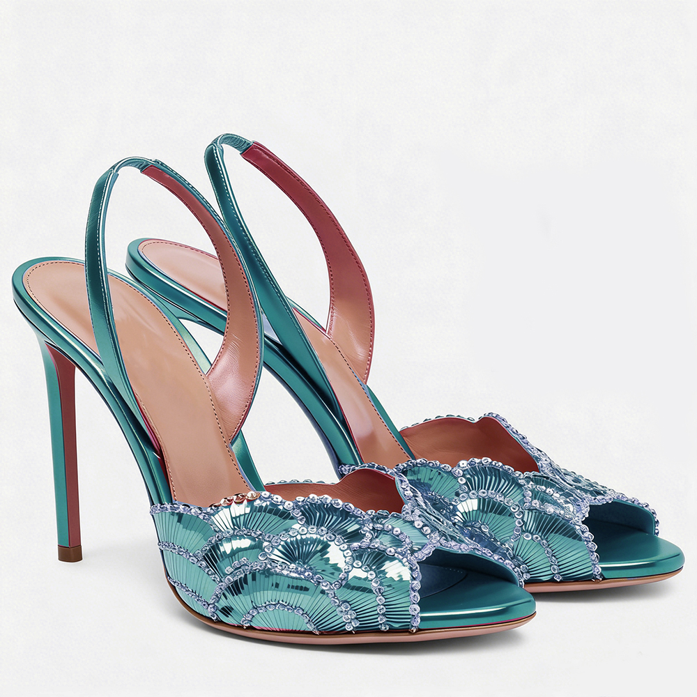 100mm Sequined Beaded Peep Toe High Heel Default-Sole  Sandals Slingback Party Prom Shoes-MERUMOTE
