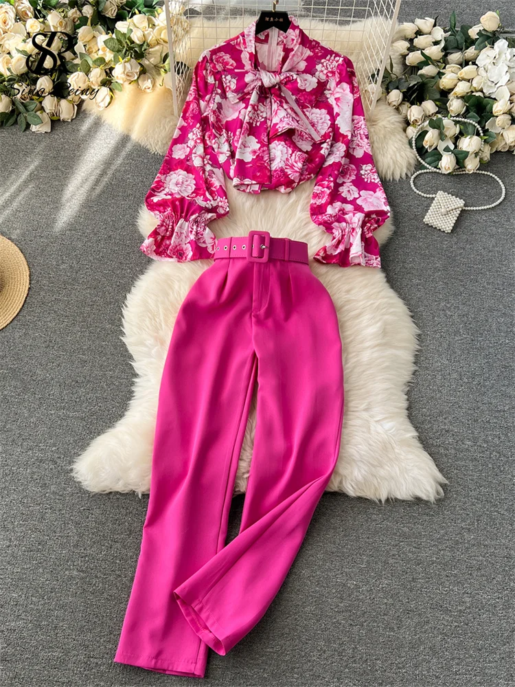 Huibahe Fashion Printed Suits Women Bow Collar Lantern Sleeve Floral Blouse+Belt Solid Long Pants Streetwear Senior Sets