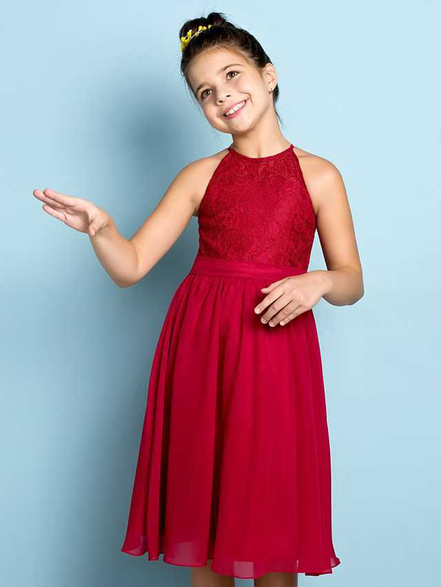 Daisda A-Line Jewel Neck Knee Length  Flower Girl Dress With Lace 