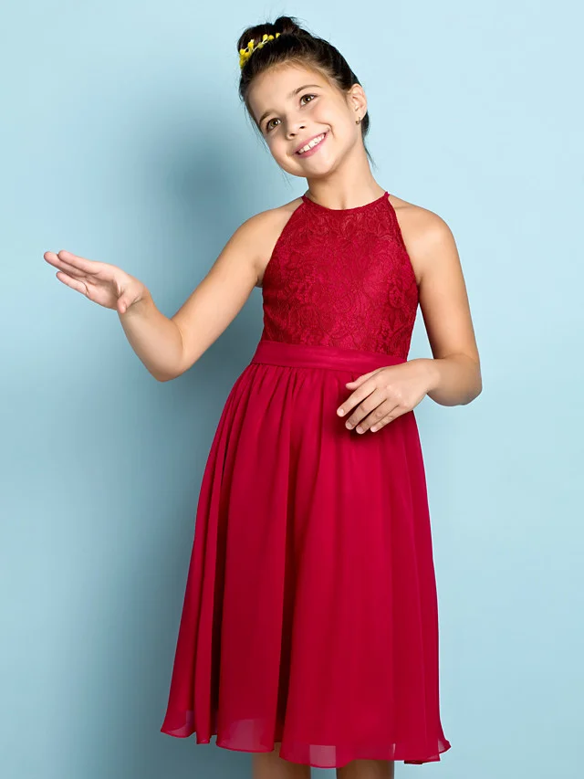 Daisda A-Line Jewel Neck Knee Length  Flower Girl Dress With Lace 