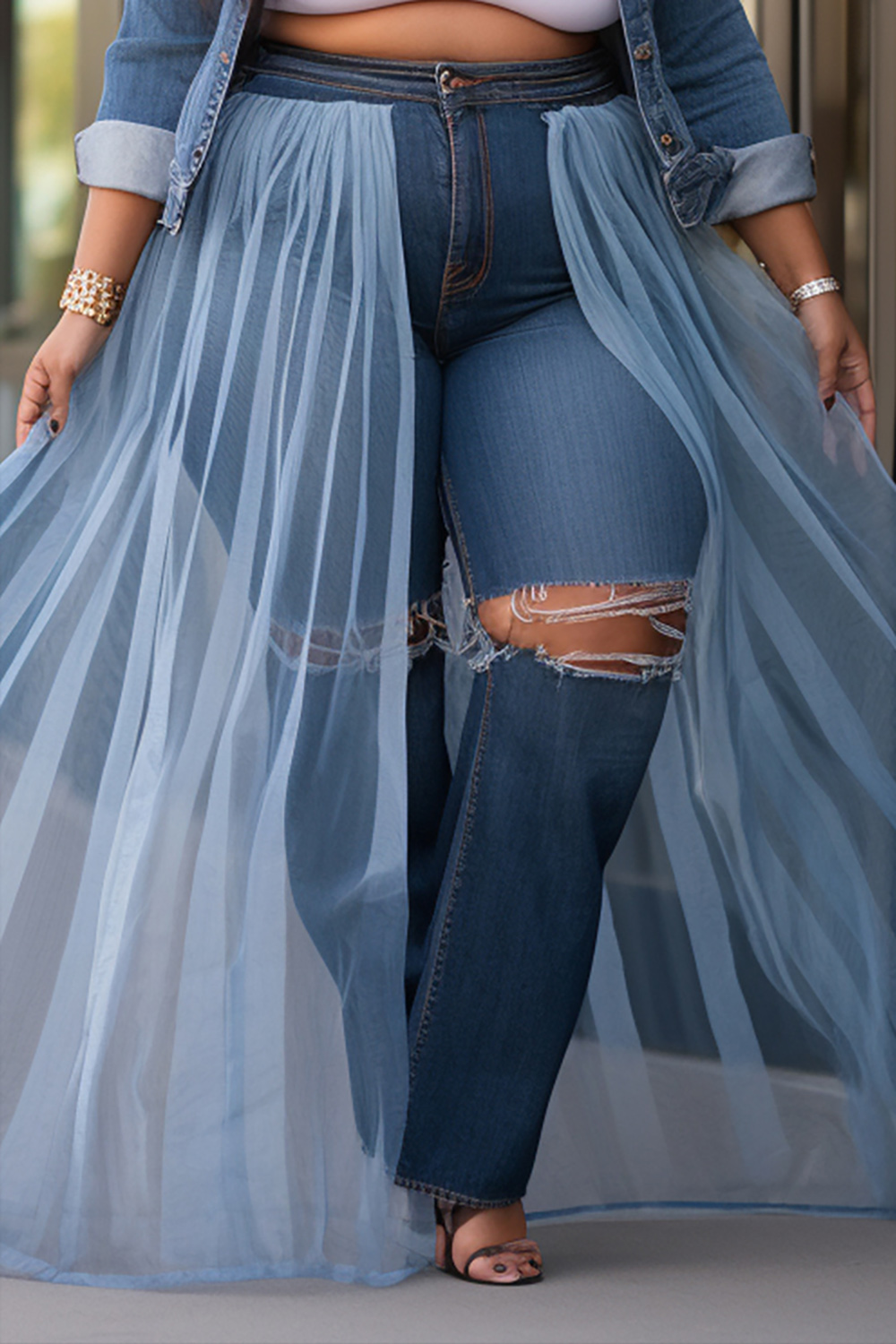 Design Plus Size Daily Blue Contrast Ripped Denim Jeans With Tulle Skirt [Pre-Order]