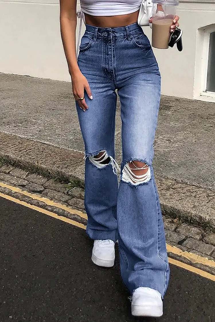 Flared Distressed Wide-Leg Jeans