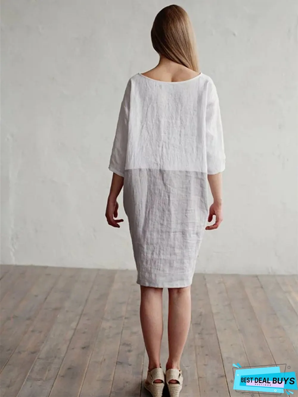 Loose Solid Color Cotton Linen Patchwork Dress Round Neck Seven Sleeve Skirt Waist