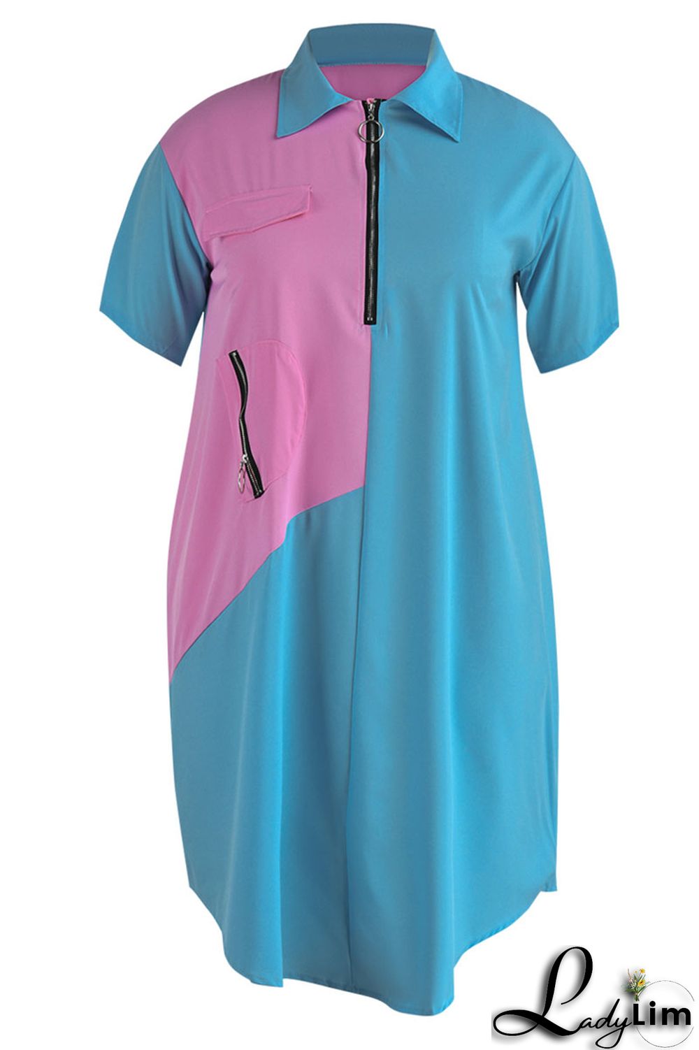 Light Blue Casual Solid Patchwork Zipper Collar Straight Plus Size Dresses