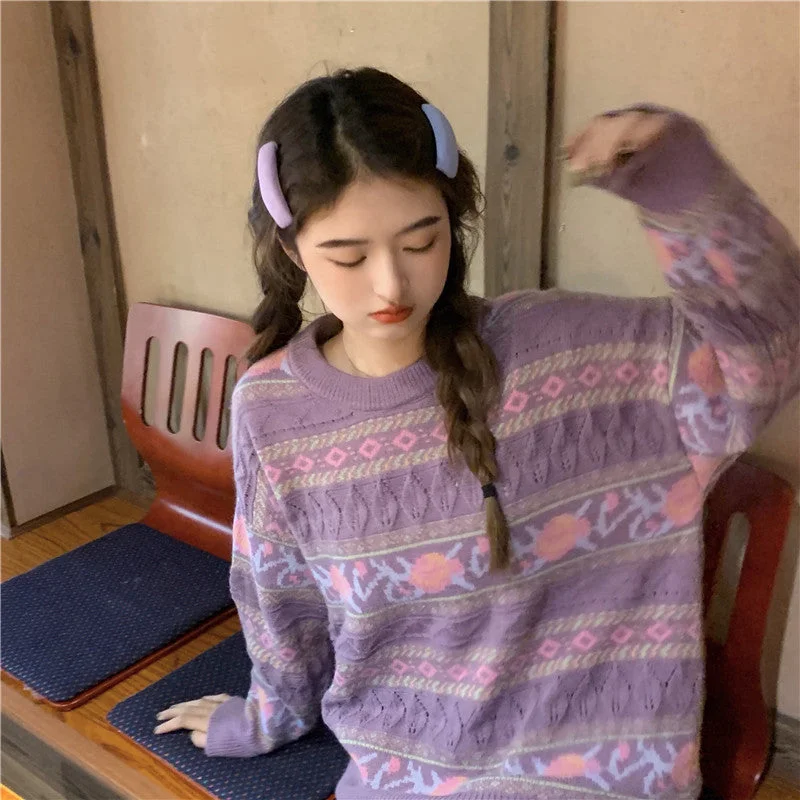 Retro Sweet Hollow Out Jacquard Loose Knitted Sweater SS2361